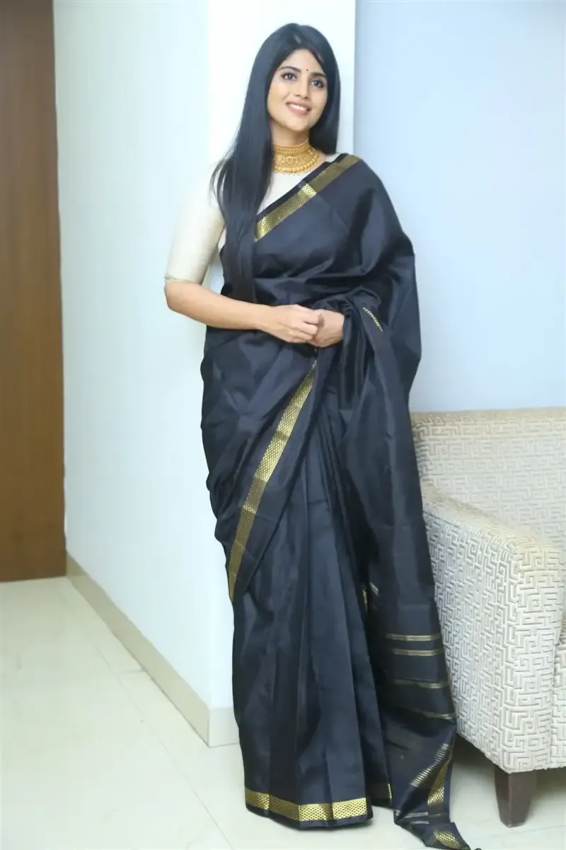 Megha Akash in Black Saree at Manu Charitra Telugu Movie Trailer Launch